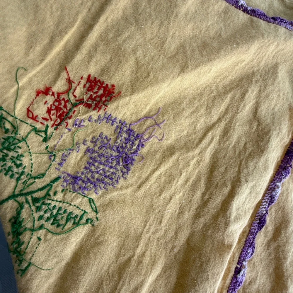 Vintage Yellow Cross Stitch Fruit Tablecloth Purple Crochet Trim 35x35